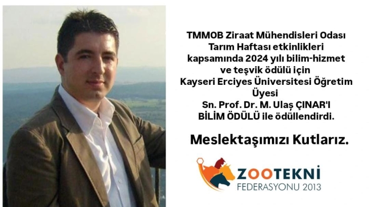 Prof. Dr. M. Ulaş ÇINAR,a TMMOB Ziraat Mühendisleri Odasından BİLİM ÖDÜLÜ